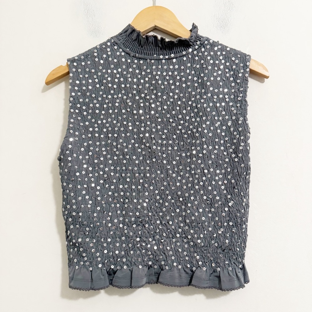 Sandro Yahir Smocked Sequin Tank Top - Picture 3 of 10